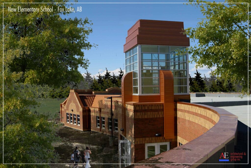 Jean Baptiste School, Canada Brick, Sunnybrook Blend, Matt Medium Range Shaletex, brown brick school.